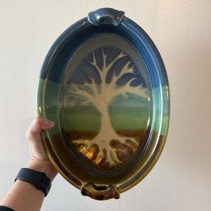 Pottery Handmade Tree Of Life Handled Bowl.